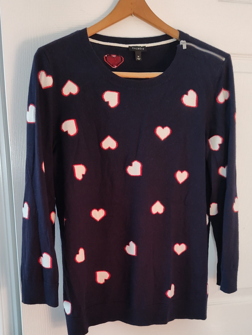 Talbots Navy Pullover with White Hearts and Red Outlines